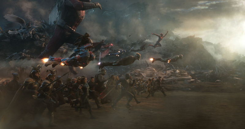 Spider-Man swinging with a few of his friends in Avengers: Endgame.